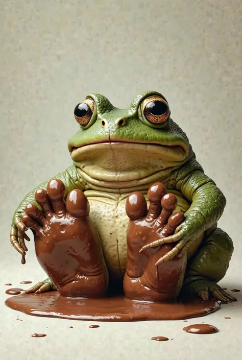 Un crapaud qui a des pieds d'humain énorme abec du nutella sur ces pieds