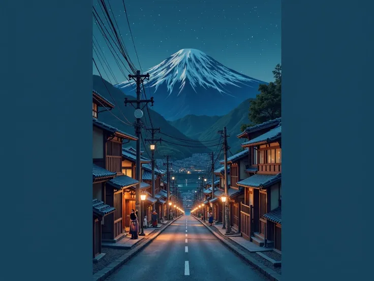 Street view with mountains in the background, Matte painting inspired by Yoshida Hanbei ,  Unsplash , ukiyo-e, Japanese town, Japanese village, Japanese city, Japanese city at night, Japanese street, Japan at night, Japan deeper travel exploration, Japan t...