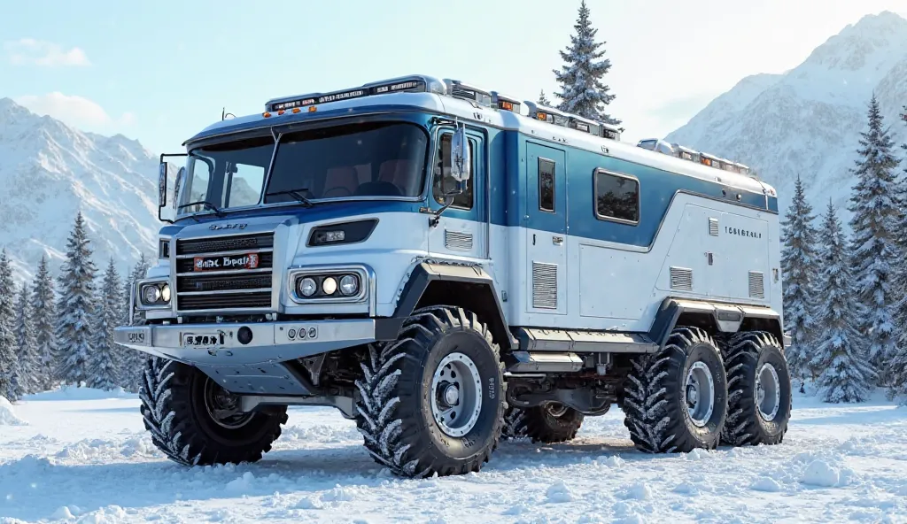 Stunningly realistic 3D render of a colossal, heavily armored 2025 Mack
Motorhome  4x4
designed for off-road adventures. Features include enormous off-road tires - white  colored wheels, reinforced metal panels, and an aggressive front  lift side view. The...