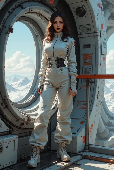 (FULL FOCUS ❗)Full-length. Watercolor painting (drawing) of an adult woman (Looking out of the window of a spaceship, fashionable look❗), unreal engine, global illumination, detailed and complex environment., 4k resolution, full-length photo, Hyperrealism ...