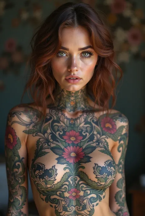 woman tattooed on her chest and chest, a tattoo by Adam Marczyński, tumblr,  realism,  detailed and beautiful body and face ,  photo of a beautiful woman , beautiful woman,  beautiful and stunning woman , with paint, Anna Nikonova aka Newmilky, Models of 5...