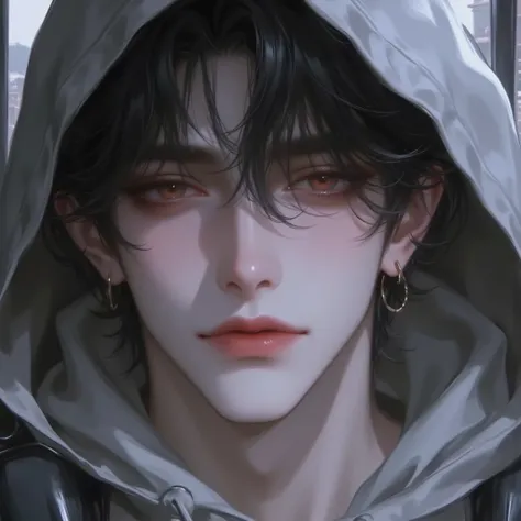 man, 20 years old, college students, Nerd guy, Charcoal-free, shy, Reddened ears,  black eyes, black short hair, fainthearted, Unconfident , wearing the hoodie upside down,  city background, Close 