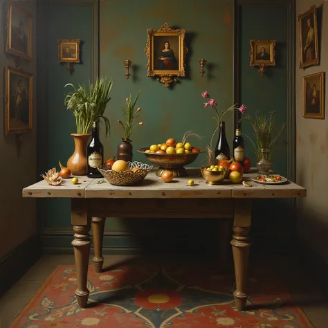 surreal stilleben painting of a mysterious ancient room with a table, the table has human legs, on the table are luxurious bowls with a variety of surreal olive and onion sorts in all shapes and colors and alchemical bottles with beer, classic art, dreamy,...