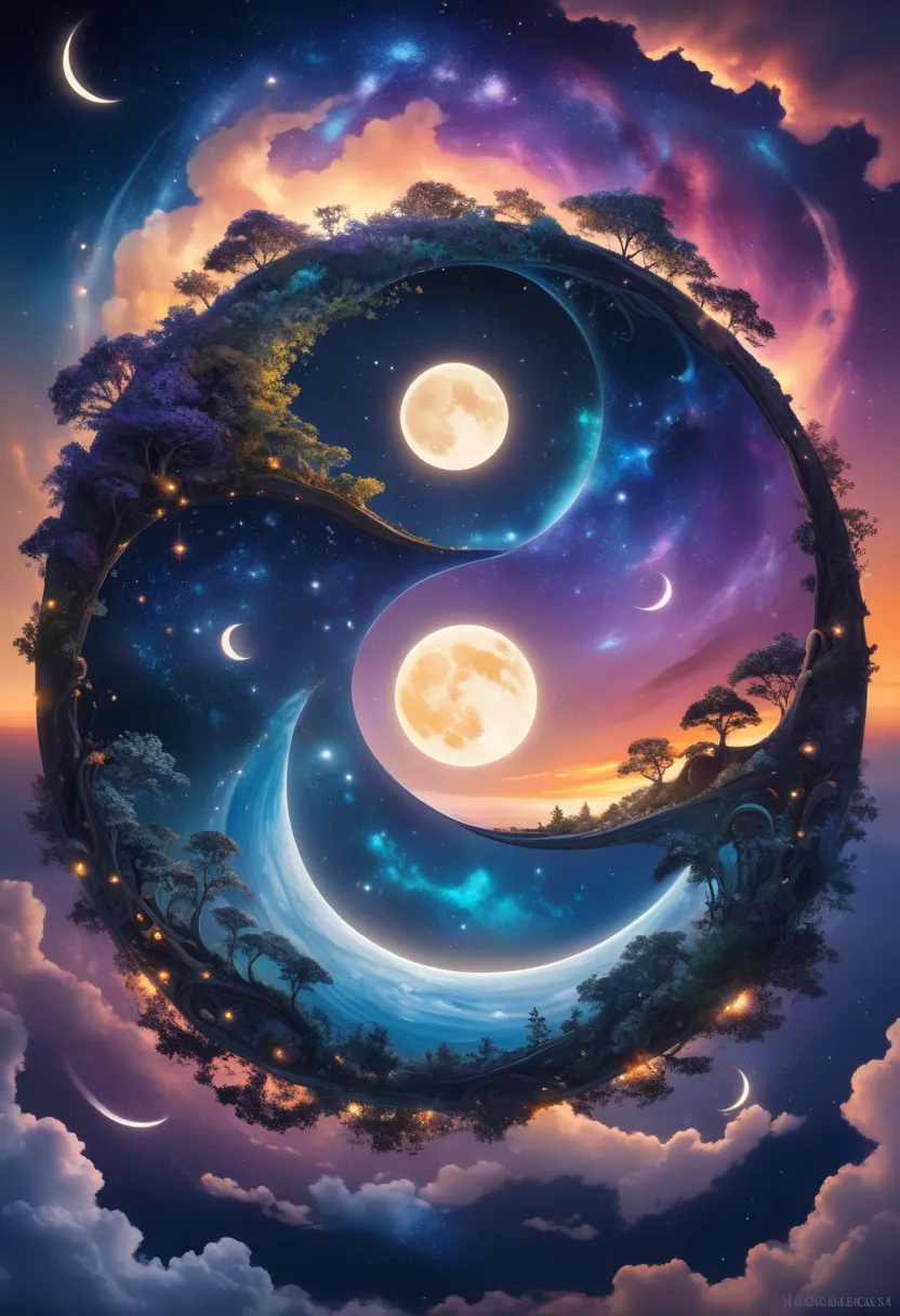 A surreal yin-yang composition blending cosmic night skies, luminous moons, and swirling galaxies with radiant sunsets, sculpted clouds, and lush landscapes; intricate details merge day and night into a single circular form, uniting celestial and earthly e...