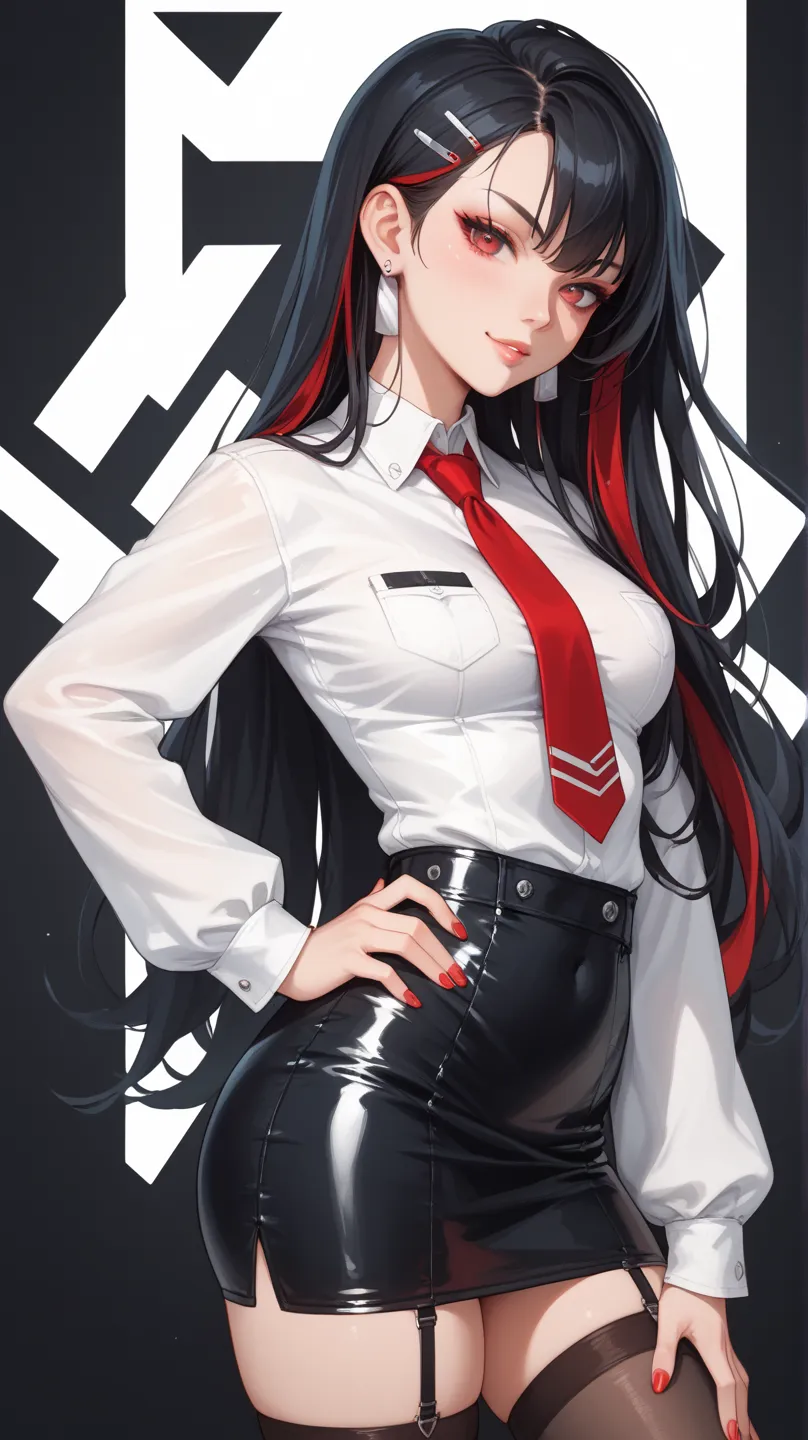 A digital illustration shoot from a side angle about a stylized character with long black hair and red accents, wearing a revealing outfit. the image also shows a woman in the middle of the image, who appears to be a young adult, with a confident and seduc...