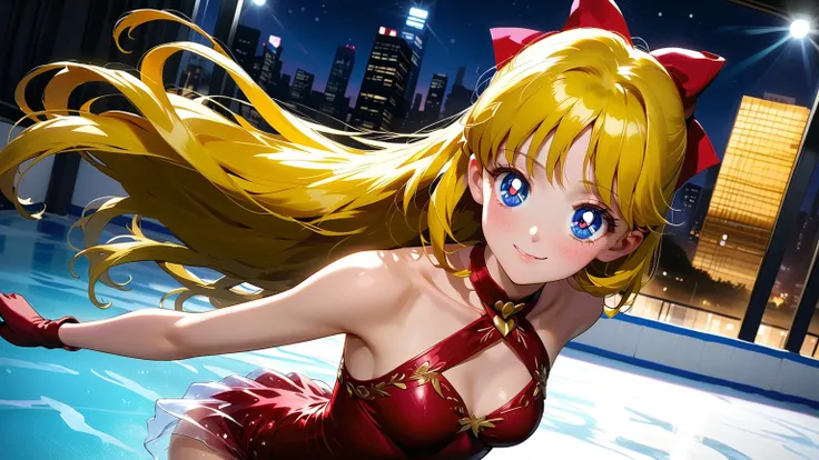 masterpiece, best quality, very aesthetic, ultra detailed, intricate details, ice rink, indoors, cowboy shot, aavenus, blonde hair, long hair, blue eyes, red bow, small breasts, figure skating, posing on ice skating, red leotard dress, 1girl, Enchanting Ey...