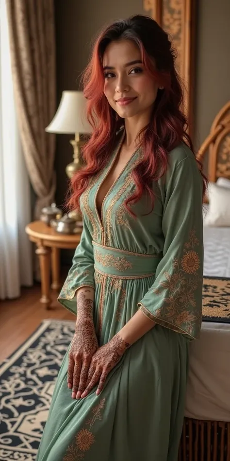 A beautiful, elegant and smiling Syrian woman, with an average weight of about 68 kilograms, plump and well-proportioned, and with a wonderful physical agility, stands in a luxurious classic room, leaning against the wall near a window lit by natural light...