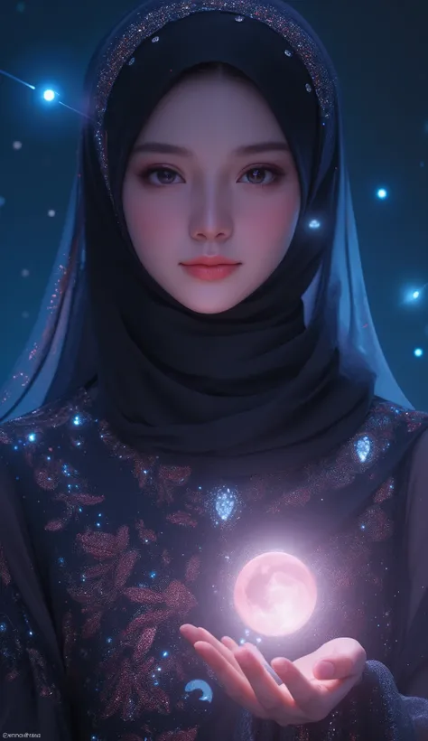 Here is a very detailed prompt to generate images to your liking:  

**Prompt:**  
"A beautiful young Korean girl wearing a black hijab adorned with shimmering crystals, with luxurious embroidered dress studded with crystal emitting subtle light. He holds ...