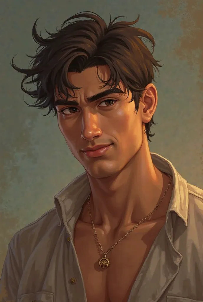 Amadeo Nott – A tall, broad-shouldered young man (6'2") with a strong, athletic build. His skin is light golden tan, and his dark brown tousled hair falls stylishly over his forehead. His deep, chinita-mestizo-shaped dark brown eyes hold an intense storm b...