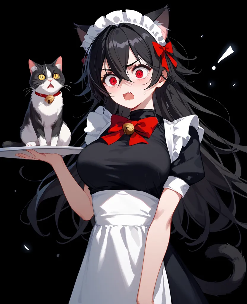 girl, Tomboy, black hair, in red eyes , long hair,Fierce face,fit, Slim , dark edges,student,big breasts,Sharp eyes,Maid Cafe Set,Cat ears,, shy ,,standing, turtleneck ,fit,Red bow, short-sleeved shirt ,,black background,bell,Closely Dressed,Open your mout...