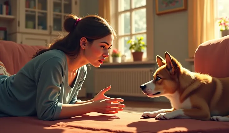 A realistic digital painting of an adult woman trying to call her dog, reaching out with her hands and speaking to it. However, the dog remains lying down, completely uninterested, ignoring her presence. The woman has a slightly frustrated or confused expr...