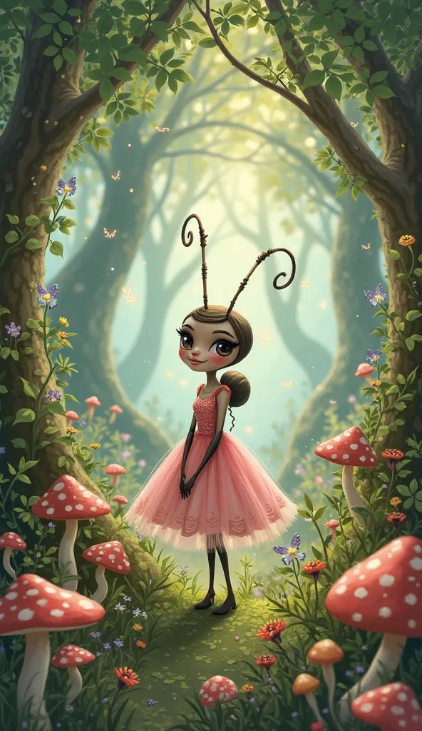 A notebook cover with ant in a pink dress,  enchanted forest background  