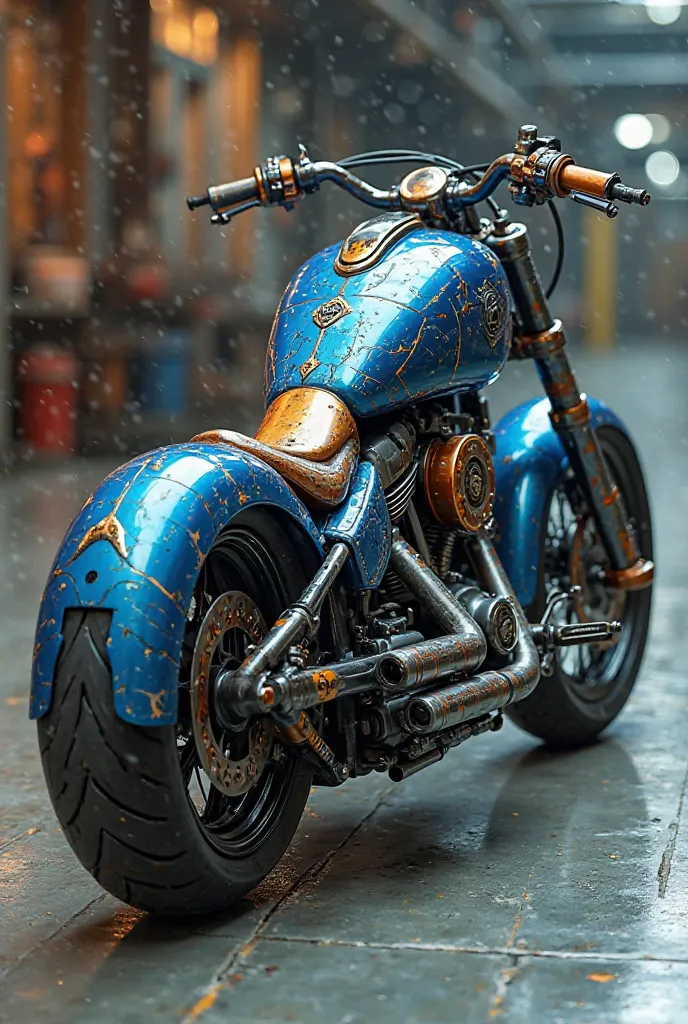 Chopper style motorcycle in blue, painted in an original way with airbrushing, a cybernetic or cyborg design in orange, red and gray.