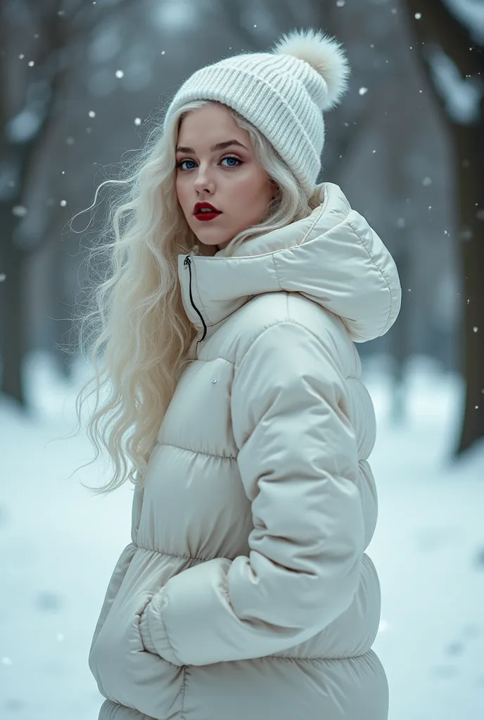 beautiful girl, (white curly hair), small breasts, red lips, blue eyes, walking in the park, winter season, snow, full height, wearing a warm down jacket and a white hat, realistic photo