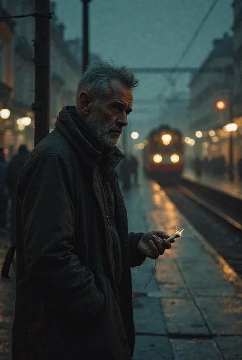 A tired man smokes near the train late in the evening, tired 