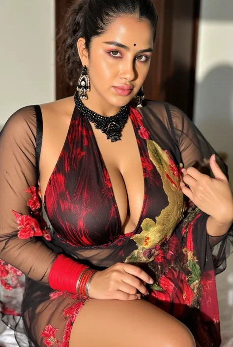 ((full body raw photo)) ,Indian beautiful woman sexy bhabhi, black tiny pearl thick long necklace,(( Sleeveless blouse)),((very deep cleavage)), slim curvy model wearing transparent red black floral color saree ,pink nail polish,black satin glossy sleevele...