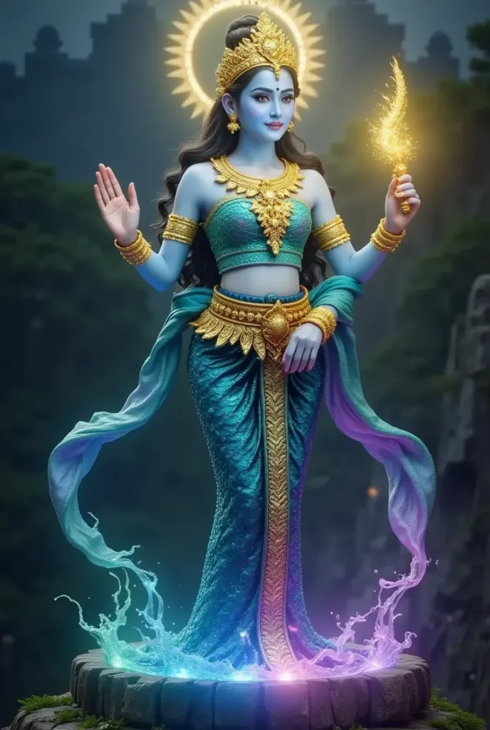 The highly detailed image is of a Hindu mythological deity with blue skin, glowing eyes, elaborate jewelry and flowing clothing. He holds a trident in one hand and makes a blessing gesture with his hands. On the other side, surrounded by swirling mystical ...