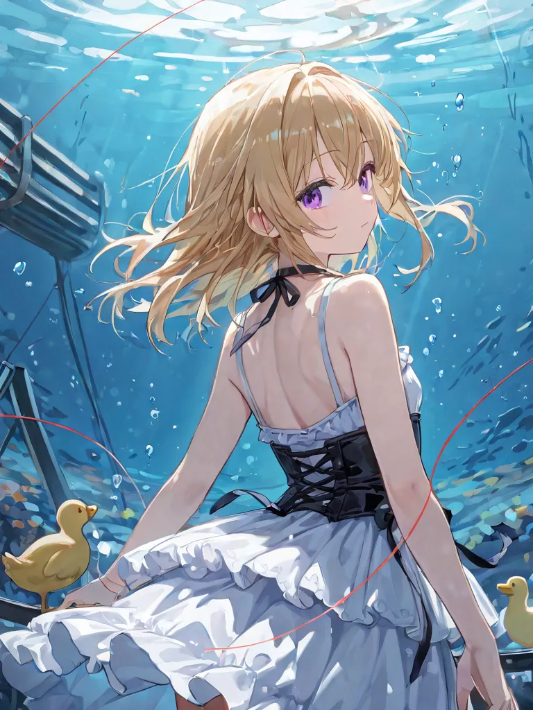 เด็กหญิงcuteใช่ไหม,cute,  arm, back, back, underwater ,vent skirt dress, Young woman18, Golden-haired,หน้าตาcute,beautiful,มีปีกduckอันเล็ก,duck,Lolita Dress,Idol,Vtuber, purple eyes,best quality,UHD,masterpiece, string, Straight Line