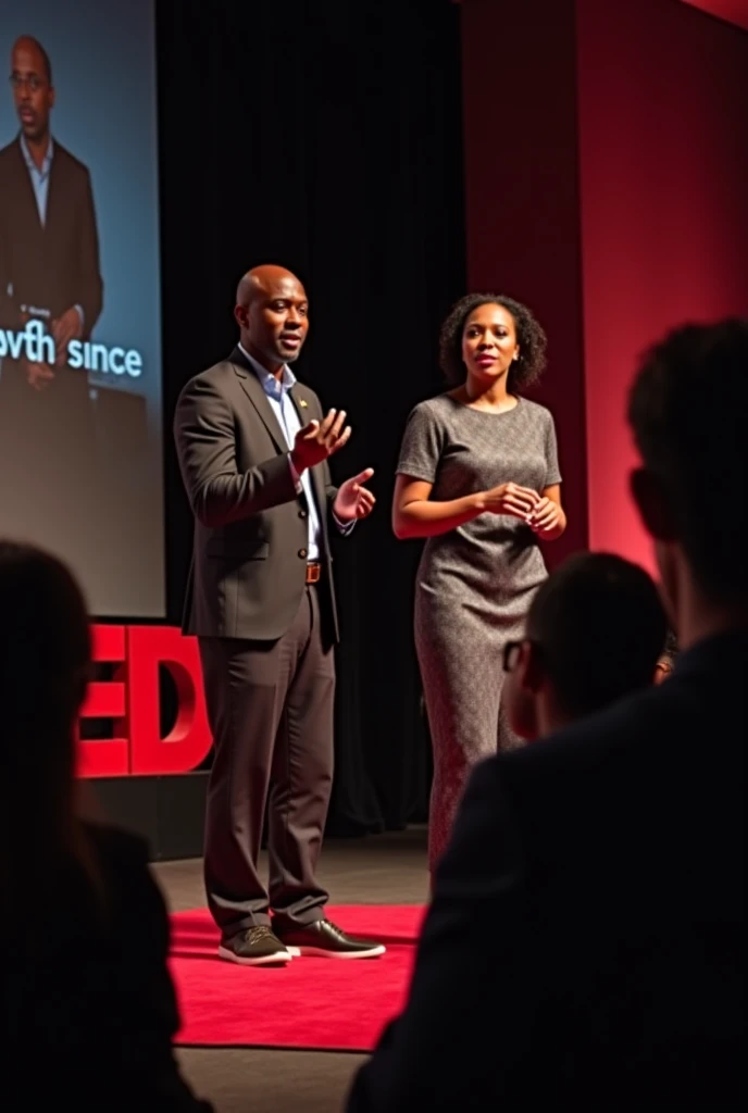 Un homme et une femme africaine animent un ted talk une femme les filme. 