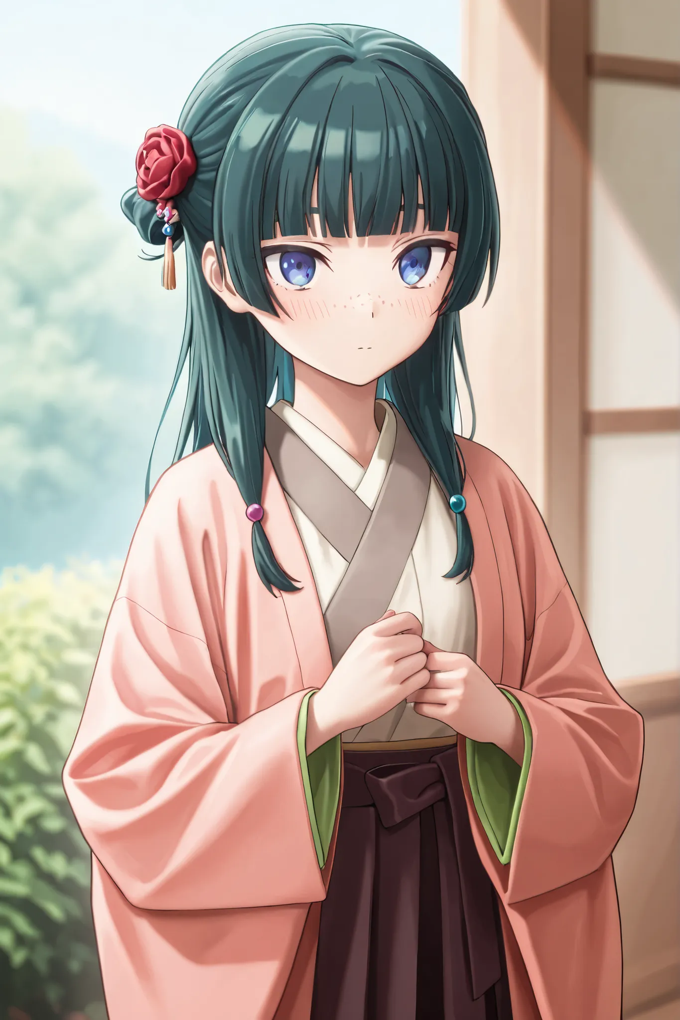 NSFW,masterpiece,Highest quality,high resolution,very detailed,Cat\( one by one person at the drugstore\),long hair、bangs、 blue eyes、hair ornaments close to the garden、 green hair、鈍いbangs、 freckles、 bun hair, single bun, kimono,robe、緑のrobe、 Long Sleeve、wid...