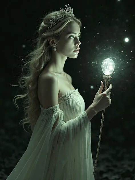 High resolution monochrome photography. Unreal scene: stunning woman, green eyes, flowing hair with crown, in a pleated dress, holding a gemstone wand, reflecting, background is black, film lighting