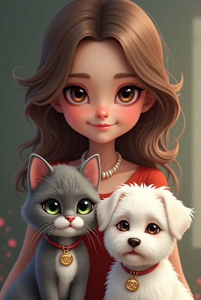 Make an image of a girl with her pets: characteristics of the girl a 26 year old girl with very thick light brown hair, Her eyes are dark brown and her eyebrows are very black and slightly larger than normal. The girl is thin and a little nose, her cat is ...