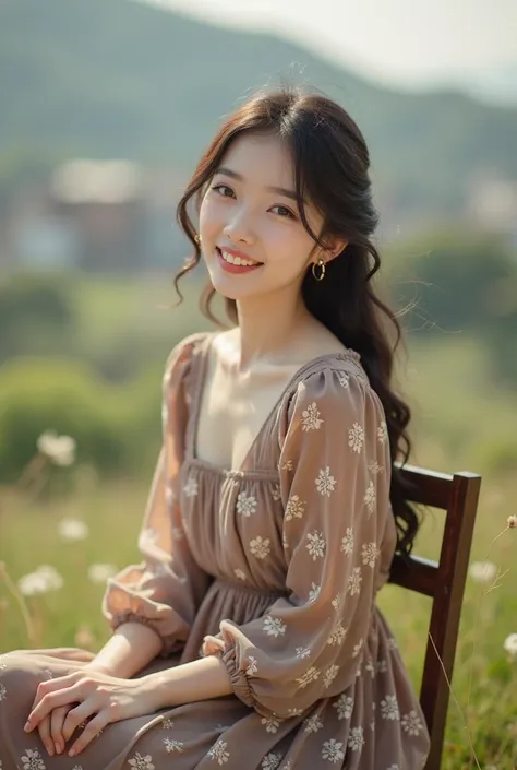 Beautiful Korean woman wearing a brown dress with white floral print is sitting facing the camera, smiling softly and sweetly on a chair at the edge of town.  Ultra HD , realist .