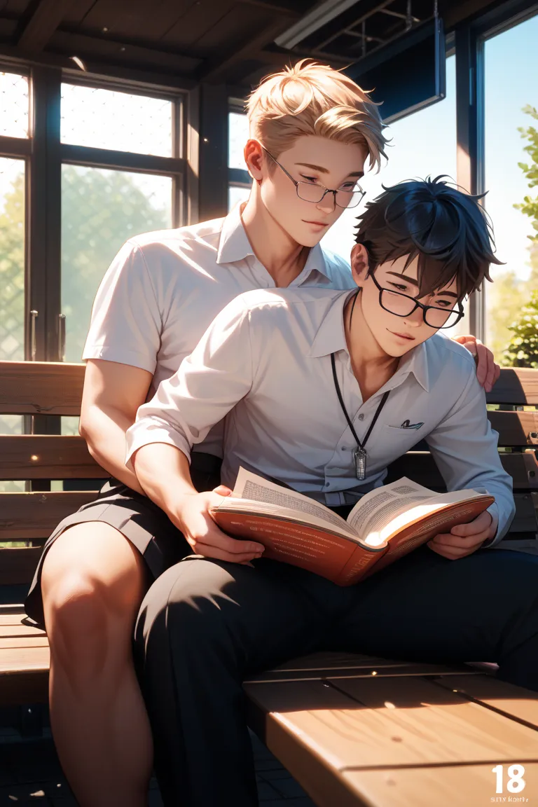 A blond male high school student is reading a comic with a plain boy with dark glasses