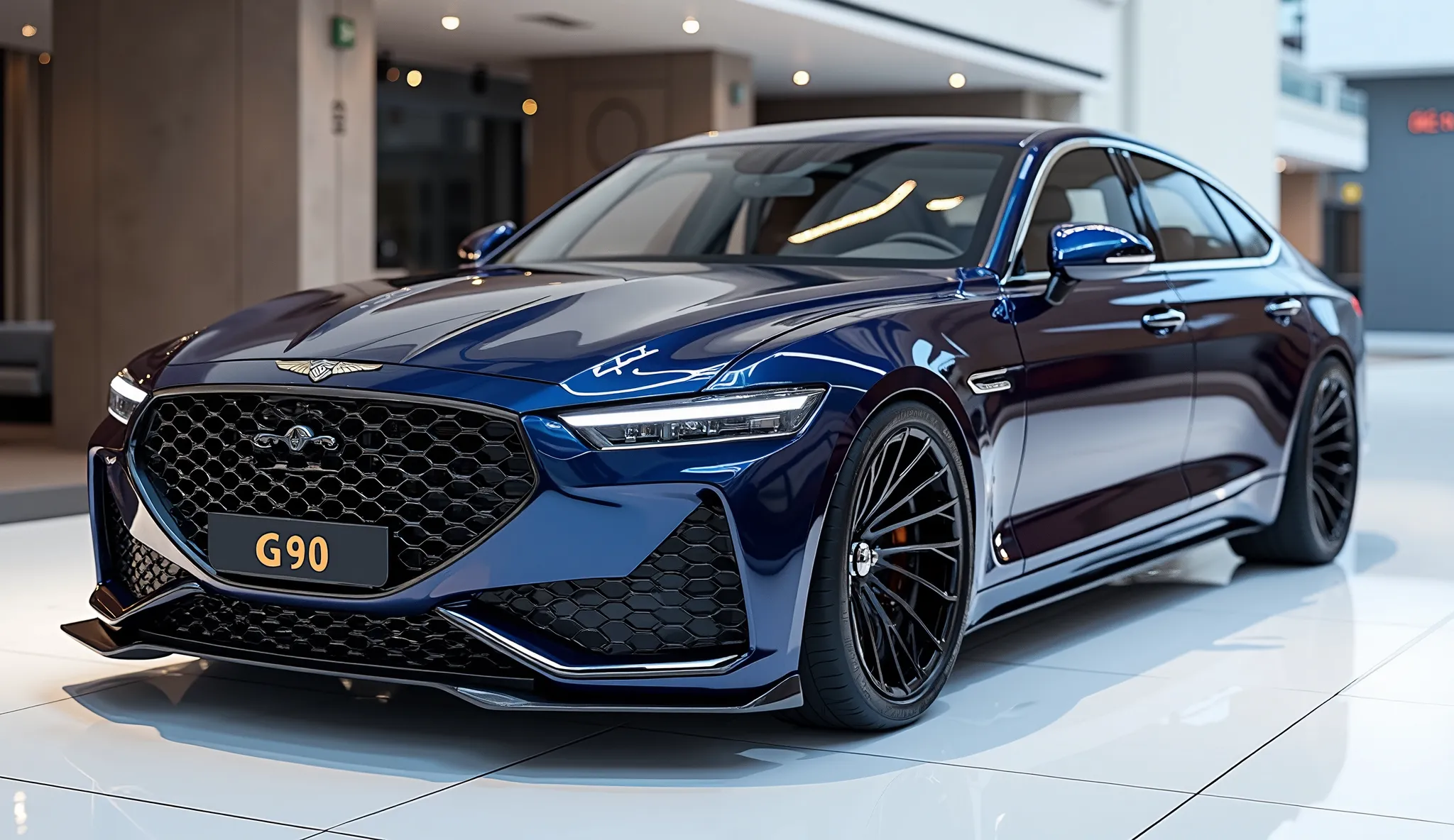 create an ultra-detailed 3D render, close-up  side view of a modern 2025 Genesis G90 with a bold design captured from close front view. The car should feature a 'Gleamy glossy dark blue' color with a 'Genesis' logo on its front, a large detailed grille and...