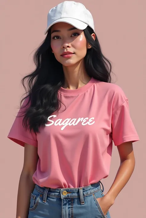 A girl with rose t shirt and denim. She name is printed her t shirt. She name is sagaree. She has black long hair. She has a white full face covered cap. she is middle age.