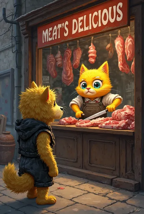 Scene 2: The Butcher Shop

The poor yellow dog with messy fur, wearing black dirty old clothes, stands outside a butcher shop named "Meat's Delicious." His eyes are locked onto the meat inside.
Inside, a chubby yellow cat with blue eyes, round cheeks, and ...