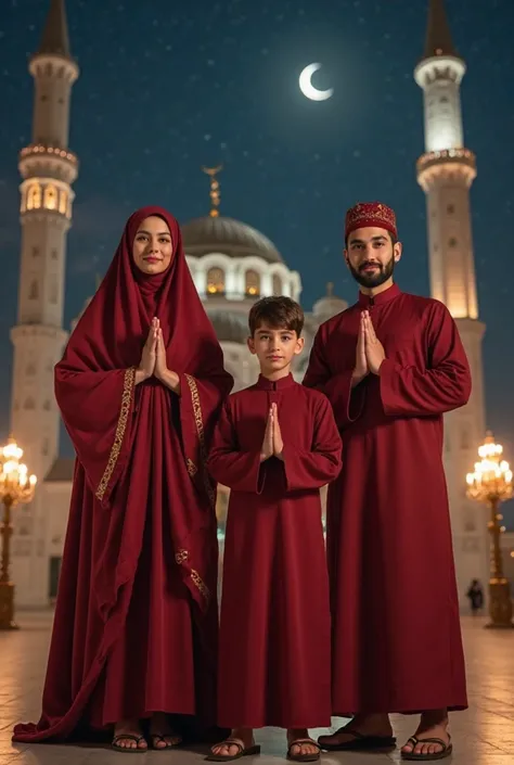 a woman wearing a luxurious rea hijab, a man wearing a peci, and a small boy wearing a peci, they wear luxurious red Muslim clothes wearing sandals, they stand, their hands worship in front of their chest, the background is a mosque, there are lanterns, an...