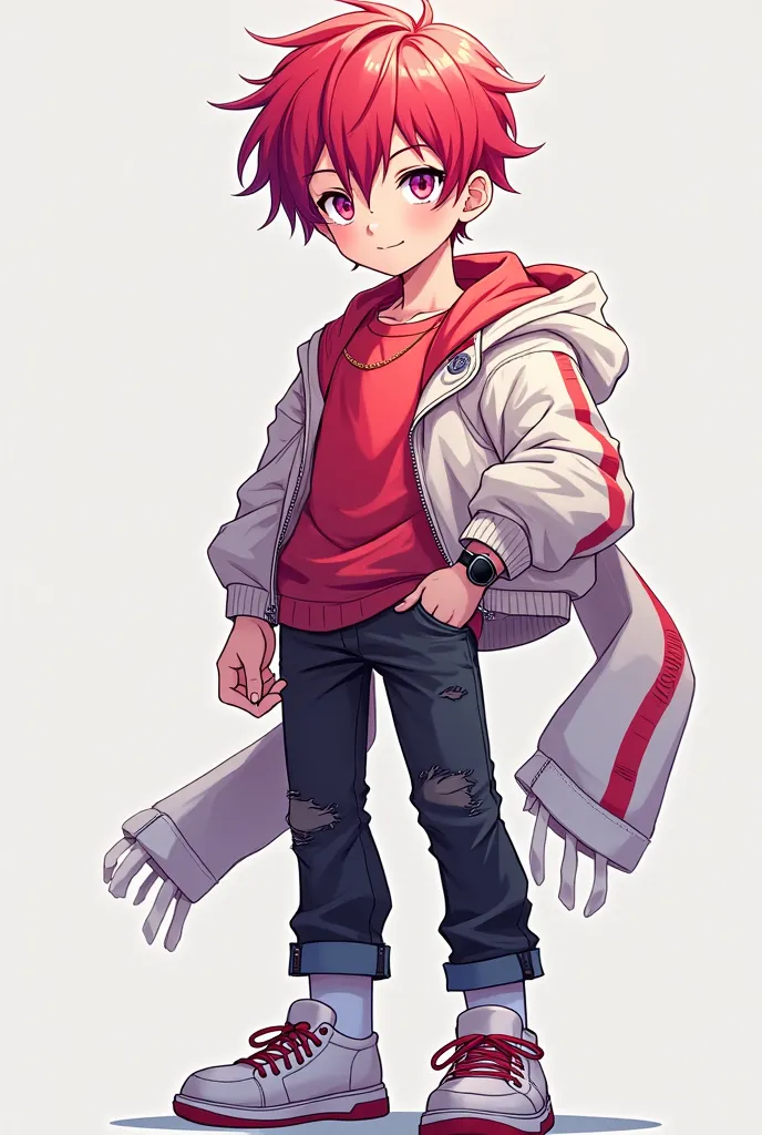 A young man, have bright red hair.,white skin hair,white skin, light purple eyes, wearing neon red shirt , an unzipped white red zipper jacket, dark jeans, sneakers,white socks, a small metal necklace around his neck, and a black watch on his left hand (an...