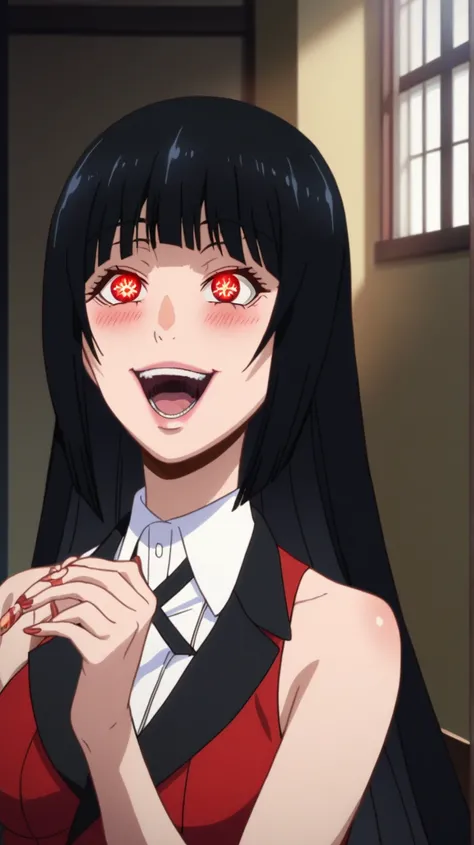 score_9, score_8_arriba, score_7_arriba,   source  _animated, 1 girl, Alone , indoors, day, Jabami Yumeko, red eyes, black hair,  long hair, blows, big breasts, red blazer,  white shirt, looking at the spectator,  eye contact with the spectator,  smile, (p...