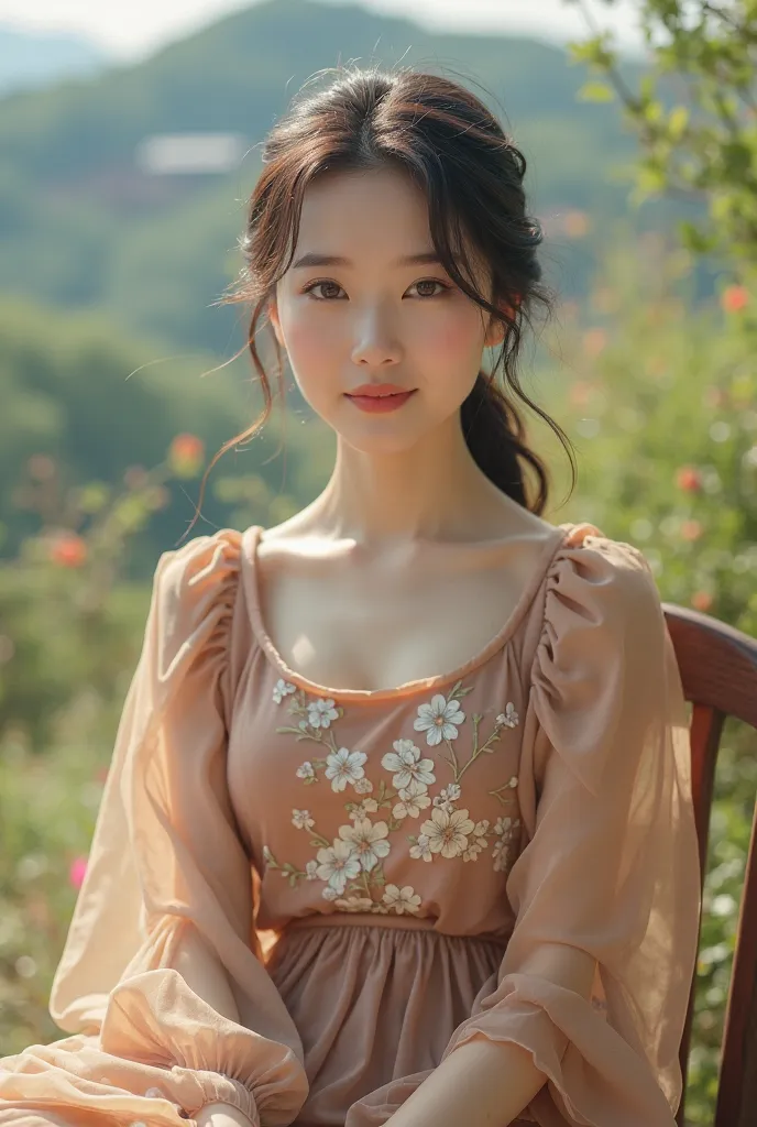 Beautiful Korean woman wearing a brown dress with white floral print is sitting facing the camera, smiling softly and sweetly on a chair at the edge of town.  Ultra HD , realist .