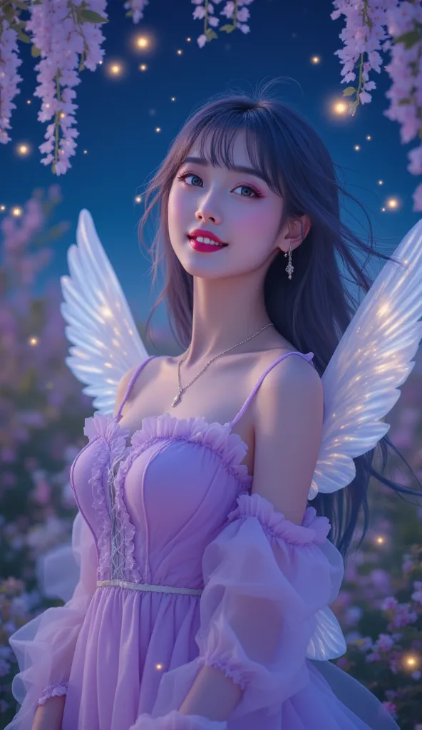 Portrait A Thai Korean woman Beautiful cute face with soft smile Long straight hair with bangs in purple-grey ombre color Wearing a soft purple lolita dress white big wings Standing among the flowers hanging upwards Fireflies sparkle in the beautiful night...