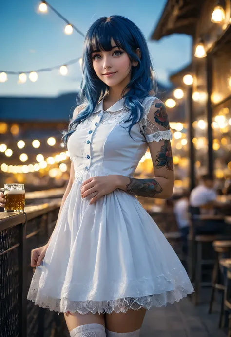 (Anime:1.4), (masterpiece), woman, alone, sensual pose, in a tight dress, fishnet stockings (nsfw:0.55), (intense colors) baby blue hair, yellow eyes, Bangs, sensual smile, beer, perfect belly, new school tattoos, depth of field, background blur, cinematic...