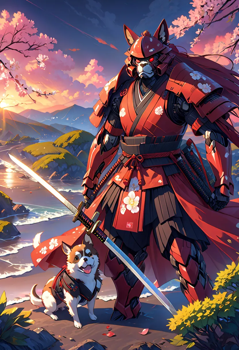 Momotaro, cyberpunk, ( Japanese sword,  samurai), 1 person, Wakame seaweed, Peach on the forehead, ((  Mechanical Armor  )), battlefield,  evening, Highest quality, Limited edition , HD, 16k, 1 dog, 1 monkey , 1 chick