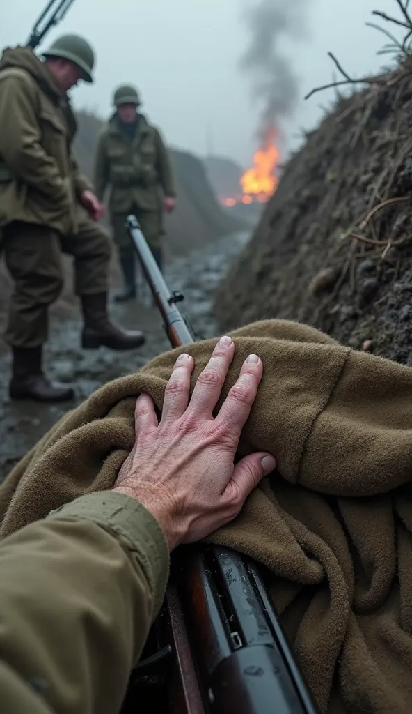 "A realistic, HD image from a first-person perspective, showing a WWII soldier’s hands as they push off a damp wool blanket in a muddy trench. His dirt-streaked fingers tremble from exhaustion as he wipes raindrops off his rifle resting nearby. The cold mo...