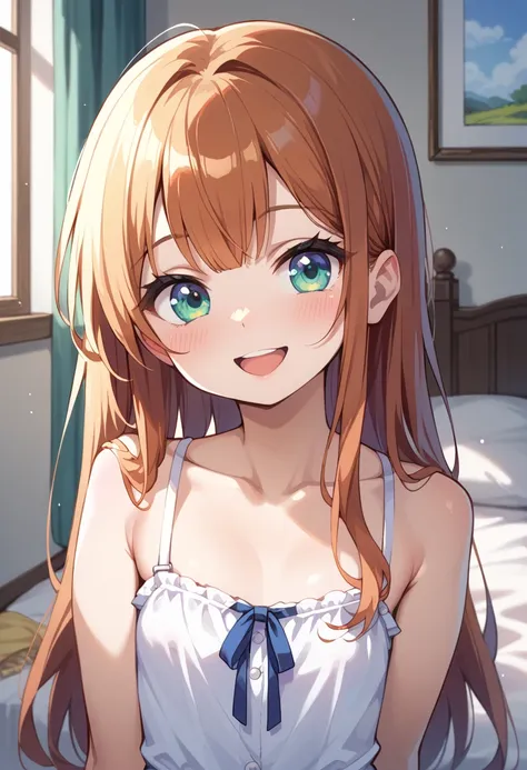 ((Highest quality)), ((masterpiece)), (be familiar with), perfect face, indoors, bedroom, watching viewers,
One woman,  Gamemun Neko ,
open mouth, ecstatic expression, blush, smile,
 small tits, flat chest, Young girl,  lori,  ,  girl,
 long hair, long hai...