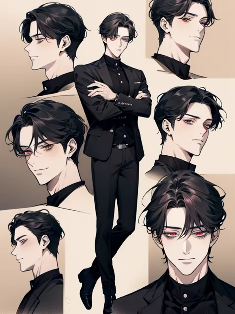 Alone, anime cartoon of a man with black hair and red eyes, clean anime sketches, prayer position,  side fringe,  medium hair length, anime portrait of a handsome man, male anime style, ironic facial smile 