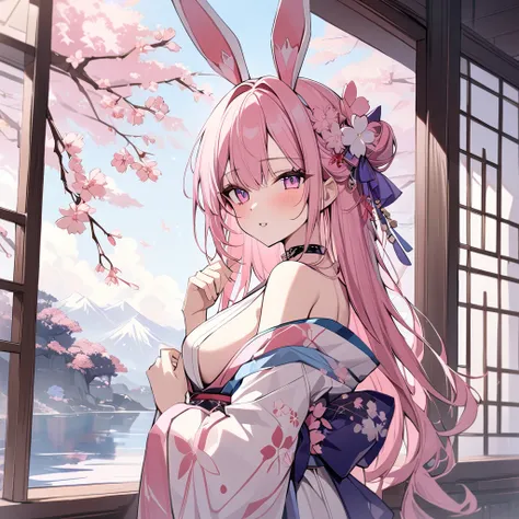 , japanese blossom々）, sexy innocent beauty, sakura shaped choker, (masterpiece, highest quality), sakura art, beautiful and aesthetic: 1.2), (1 girl), very detailed, (sakura garden room art: 1.3), white pink purple blue colorful, pink long hair、pink eyes, ...