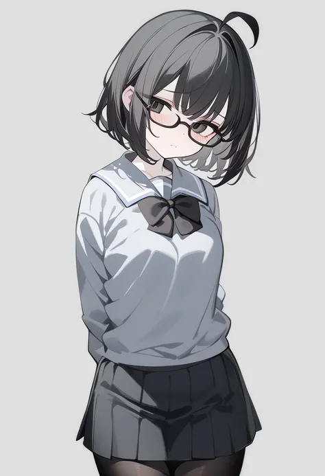 1 girl, Alone, cute, short hair, dark black hair, ahoge, glasses, black ribbon at the neck, black short skirt, black tights, pale skin, black eyes,big eyes, sleepy face, cute pose (school uniform), (Gray background, simple background), Masterpiece, Best Qu...