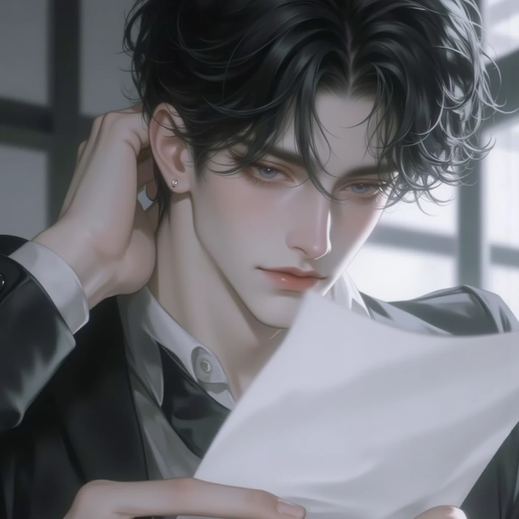 man, 23 year old , Office worker,  , soft impression, I'm looking at a document in one hand, Raised shirt sleeves,  black eyes, black short hair, Office background, Close 