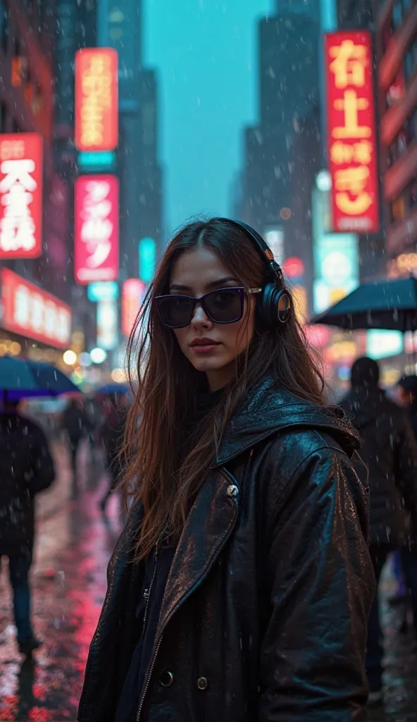 A mysterious DJ girl in the middle of a metropolis in the rain. Wet streets reflect neon signs, passers-by with umbrellas. Her sunglasses, leather cloak and her confident gaze create a cinematic effect. Music makes its way through the noise of the city.