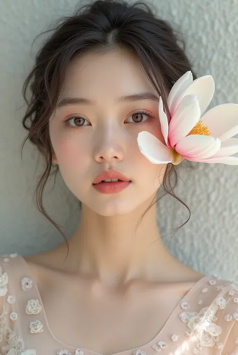 No, make up on a woman with a magnolia flower feature