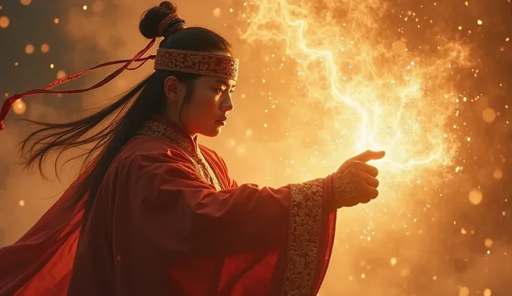 
A Chinese person wears a headband, which covers all his hair. he clenched his fist, and from it a golden aura emerged. The aura formed the silhouette of a grasping hand. he posed to hit his enemy. he was surrounded by many enemies. Set in 18th century Hon...