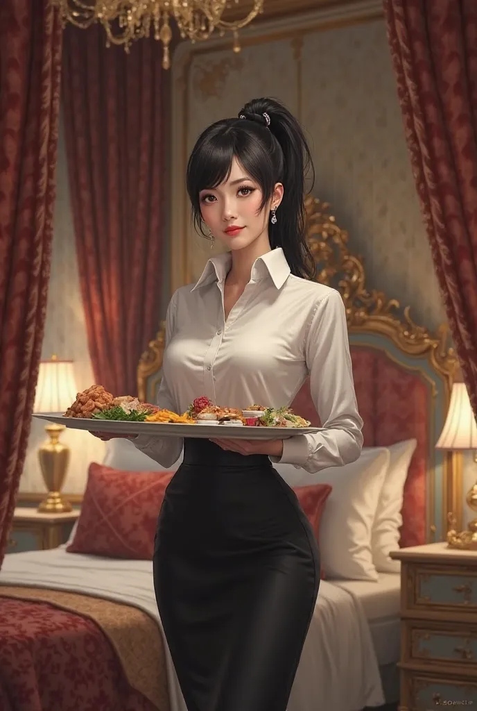  Realistic, middle aged woman,  black hair,  Tied in a bow ,  black eyes, dressed in a black skirt and white shirt, carrying a food tray in a luxurious bedroom 