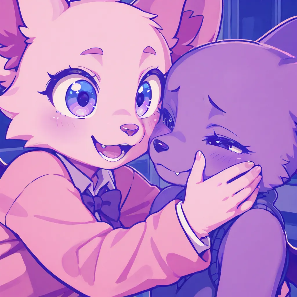 The surroundings of a cute furry，The colors on her body are pink and purple mother Fury，with big eyes smiling at the camera，are on campus，slightly colored elements，Don't have camera effects