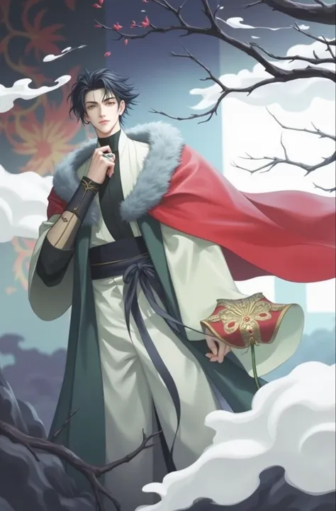 An anime boy looking into the distance, decorative style illustration, soft anime illustration, Chinese Hanfu boy, a melancholy and indifferent anime boy, ancient style beauty, elegant patterns, anime atmosphere, anime style, mixed style of Lisa Frank and ...